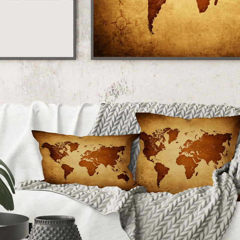 Carré, ancienne carte du monde VI - Coussin décoratif à imprimé rétro, 16" x 16"