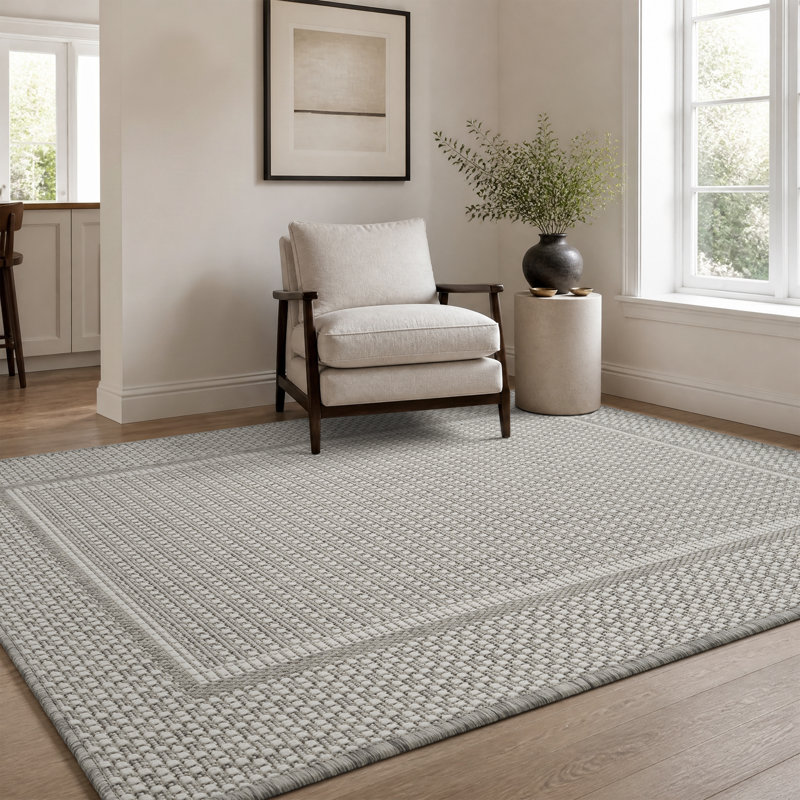 Tapis intérieur/extérieur géométrique gris/blanc résistant aux UV, Rectangulaire 3 pi x 5 pi