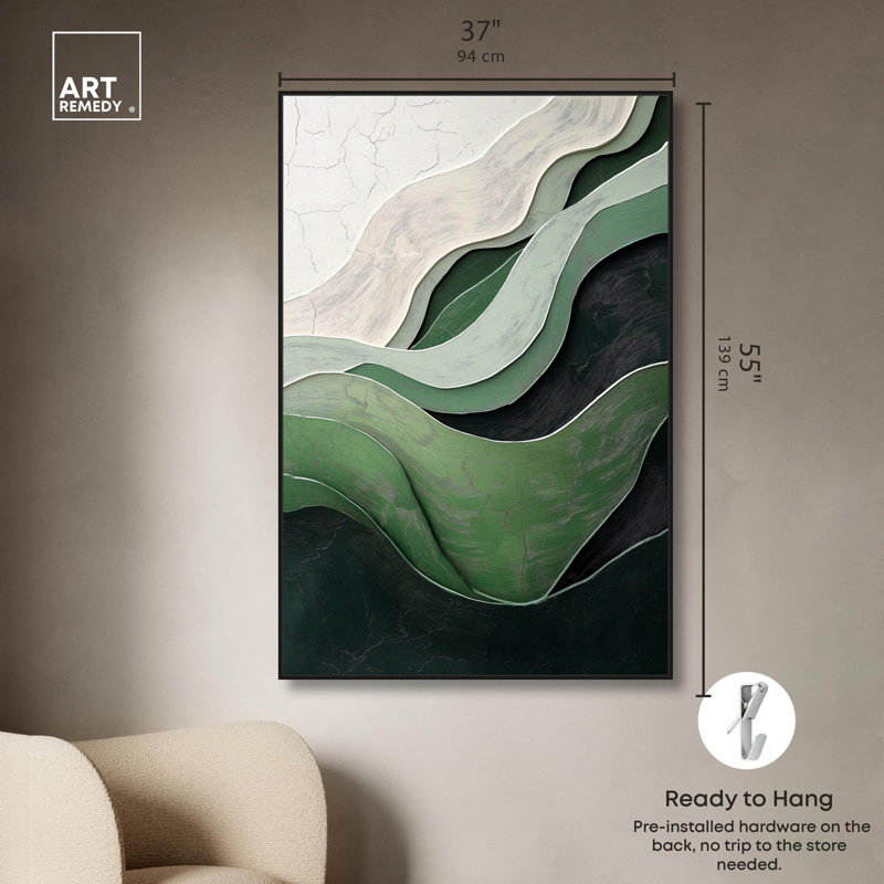 «Green Echoes I», art abstrait vert, Cadre noir, H 55 po x l 37 po