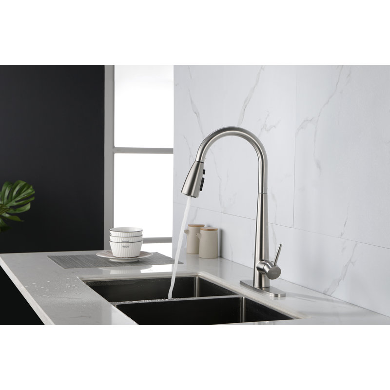 Single Handle Kitchen Sink Faucet With Pull Down Of Stainless Steel, High Nozzle Rotating 360, Three Water Output Settings For Washing And Rinsing In Kitchen, Easy Temperature