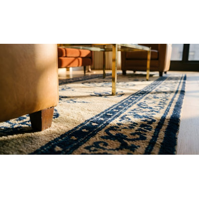 Antique White Background Blue Floral Pattern Wool Chinese Ningxia Runner Rug