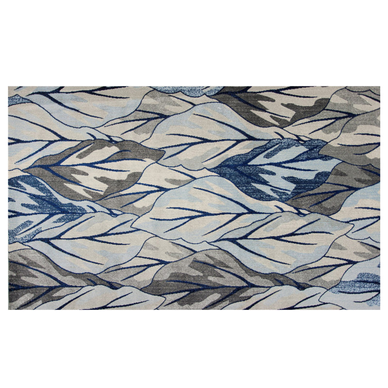 Tapis gris et bleu marine 3 pi x 5 pi à feuilles botaniques