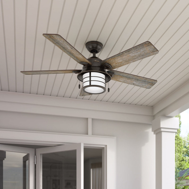 54" Key Biscayne 5 - Blade Outdoor Standard Ceiling Fan with Pull Chain and Light Kit Included, Onyx Bengal