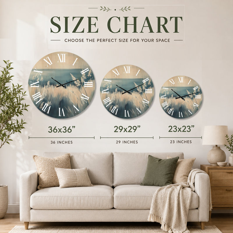 Horloge murale grand format « Herbe des marais bleus » (motif côtier), imprimée sur bois, Medium