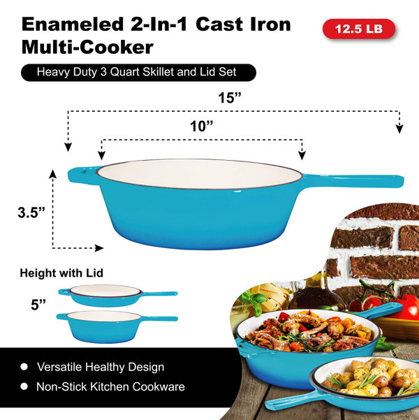 Bruntmor 5qt grey Enameled Cast iron Skillets With Lid and handle, Non  stick Cookware And Grill For Casserole Dish, 5 Quarts Grill Frying  Pan,Saute