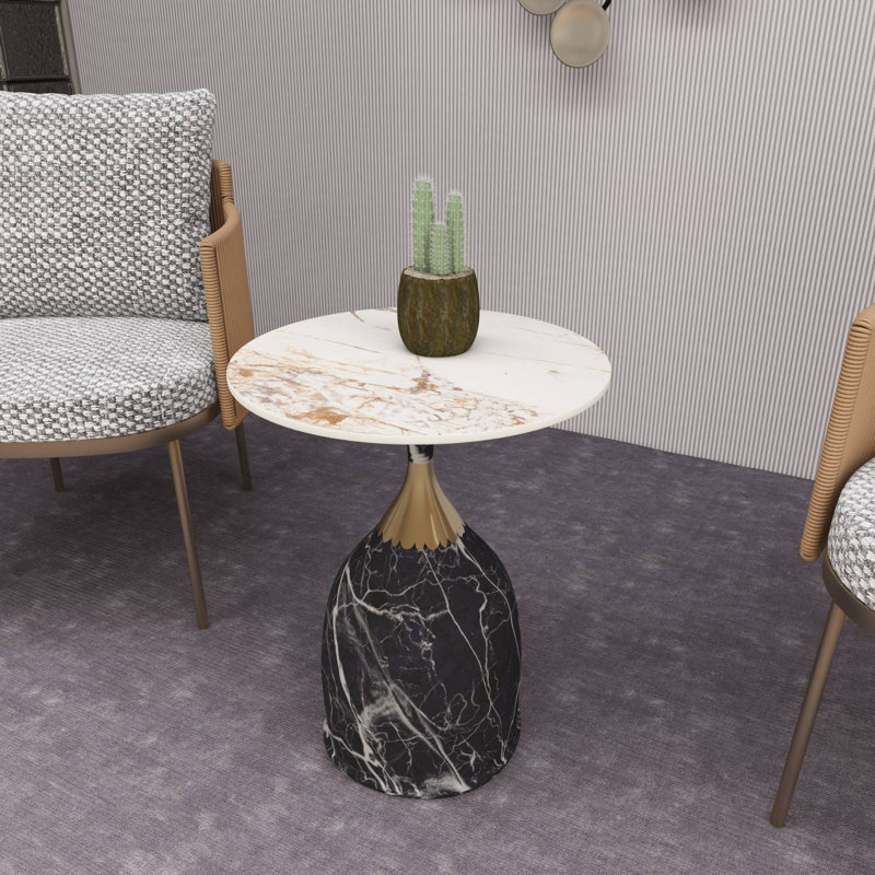 Muyi Round End Table With Sintered Stone/Stainless Steel Top With Bell-Shaped Pedestal Base And Gold Neck Accent For Modern Home, Living Room, Bedroom
