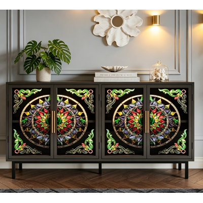 Elegant Artistic Stained Glass Display Cabinet, Large Enclosed Storage Compartments, Statement Furniture for Modern Traditional Eclectic Home Decor