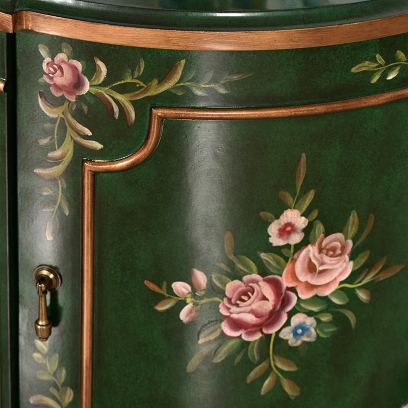 Meuble d'entrée demi-lune en bois massif, peint à la main avec un motif floral vert