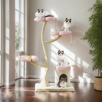 Enchanted Blossom Cat Tree: Multi-level Flower Paradise With Cozy Bed, Condo, And Playful Dangling Toys For Indoor Cats, Modern Pink & Beige Design