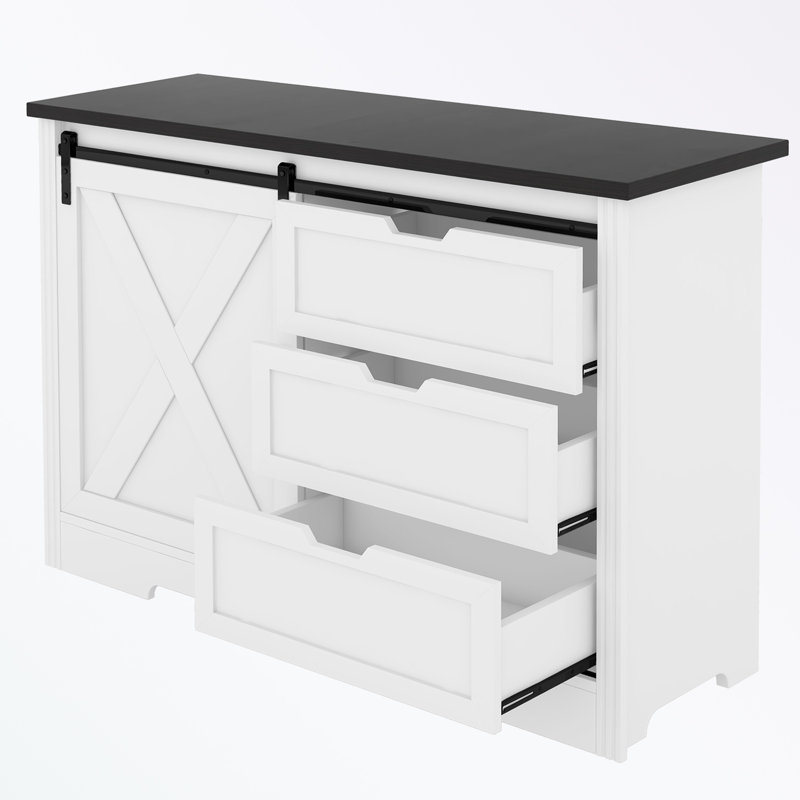 Armoire de rangement avec portes coulissantes silencieuses et trois tiroirs, Blanc/Noir