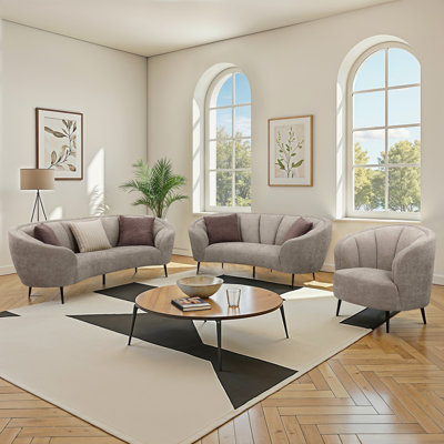 Beige 3-Piece Upholstered Curved Sofa Set