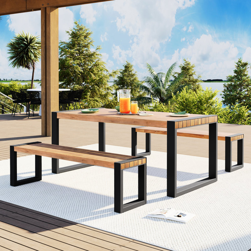 3 chaises de patio, en bois et en acier, toutes saisons, pour l'intérieur et l'extérieur, variations naturelles, installation rapide