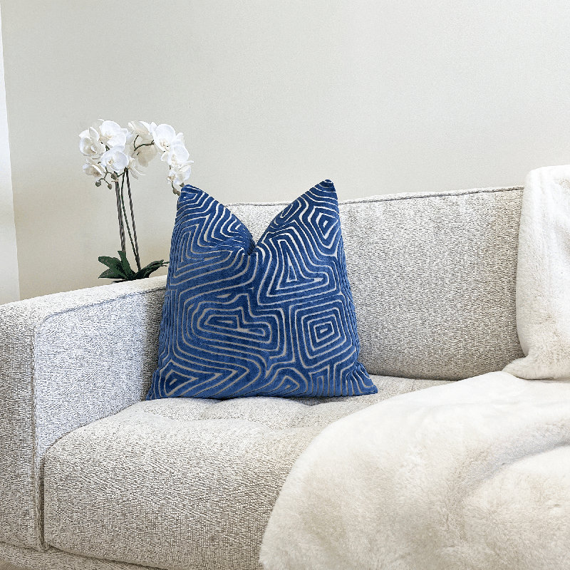 Maze Velvet Throw Pillow Cover, 20"H x 20"W, Blue Geometric