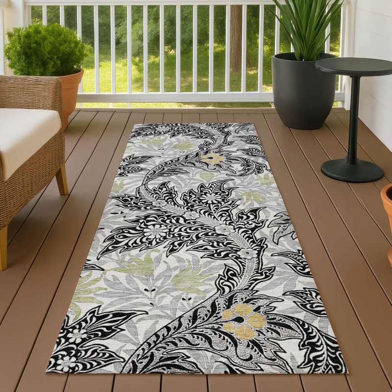 Machine Washable Indoor/Outdoor Chantille ACN2753 Botanical Rug, 2'3" x 7'6" Runner, Black