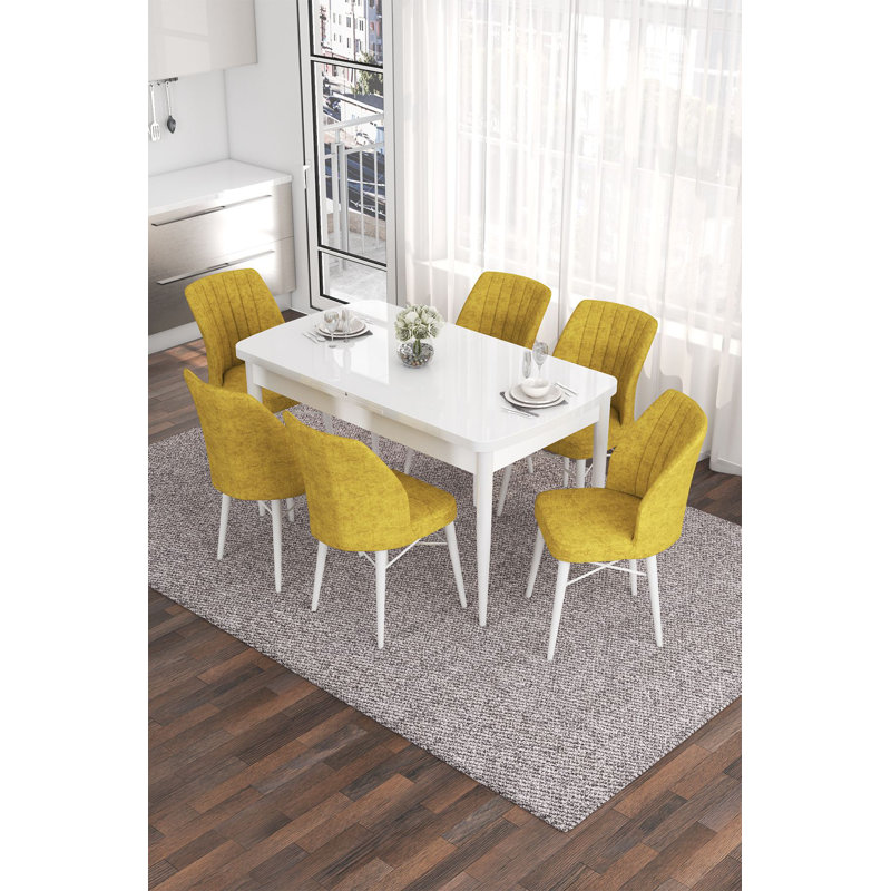 Ensemble de table et chaises de salle à manger extensible Modern (7 pièces), blanc et moutarde, table: 51,2 po x 30,7 po x 31 po | Chaises: 17,7 po x 35,4 po x 16,5 po | 100% panneau de fibres à densité moyenne, pieds en bois, structure en métal, coussins en mousse confortables | Parfait pour les salles à manger élégantes