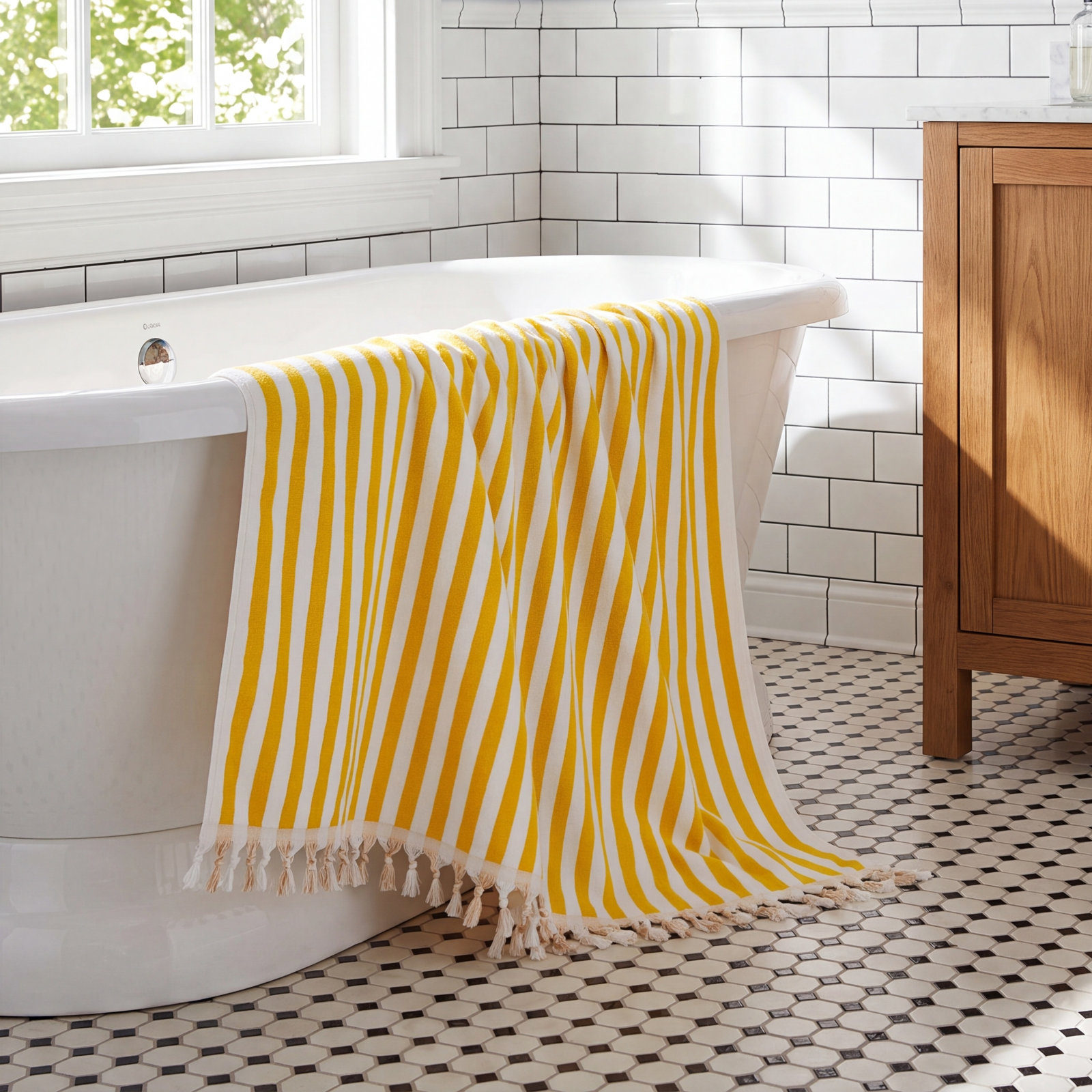 100% Cotton Beach Towel, Yellow/White