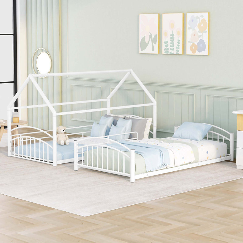 Metal Bunk Bed With Slide,Kids House Bed, White