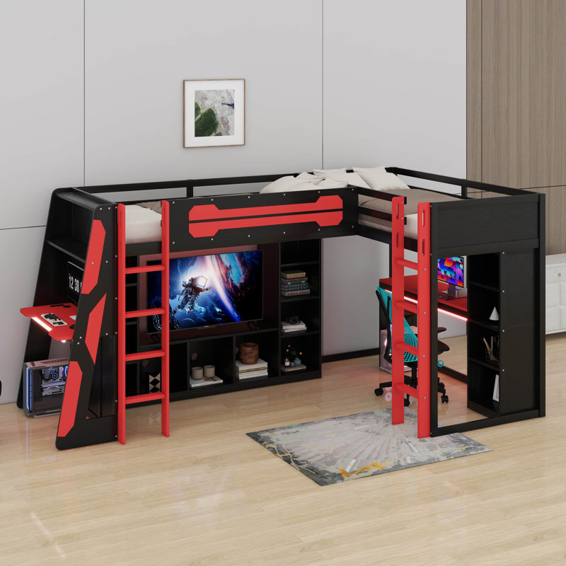 Twin Size Gaming Bed With RGB LED Lights And USB Ports, Red