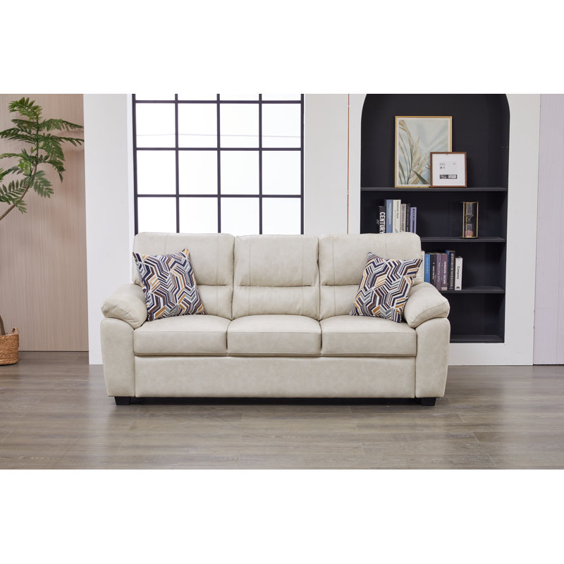 Canapé de salon moderne en similicuir de 80,5 po avec coussins moelleux et accoudoirs coussinés, Beige