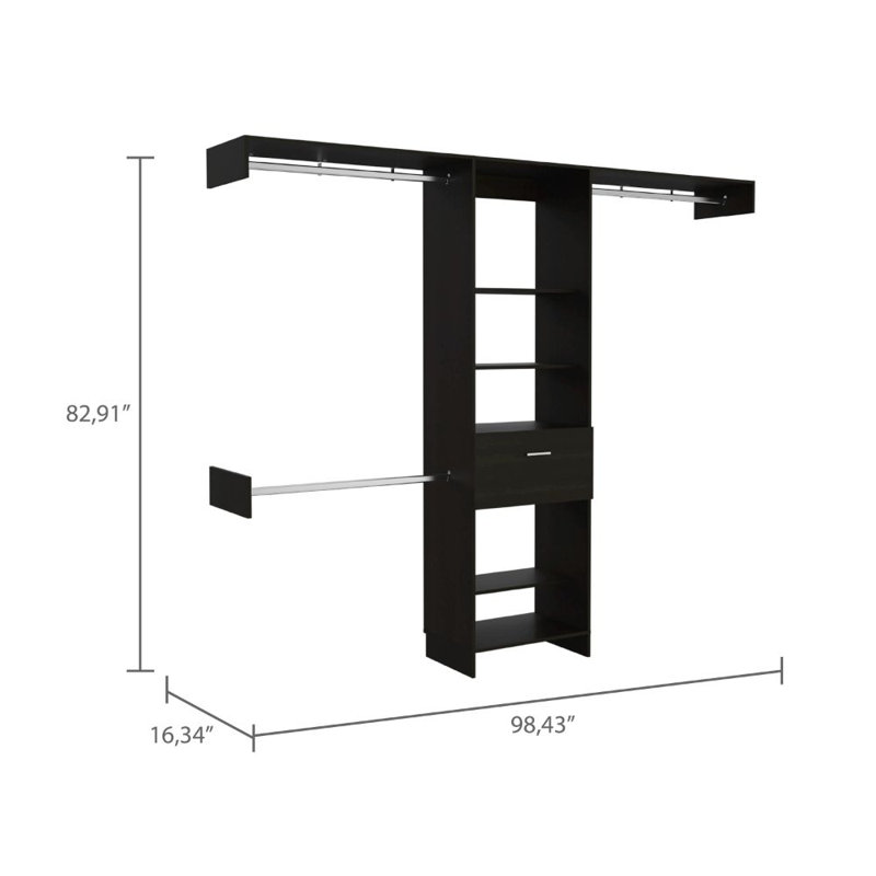 Manchester 250 Closet System with 5 Open Shelves, 1 Drawer, and 3 Metal Rods, Black