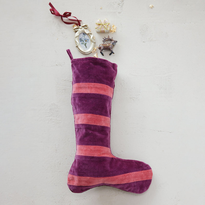 Bas de velours en coton rayé marron et rose