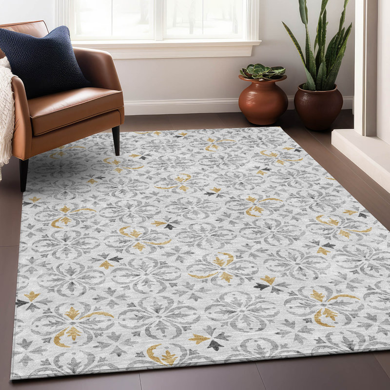 Tapis argenté de qualité supérieure lavable à la machine Prisco, Rectangle 2 pi 6 po x 3 pi 10 po
