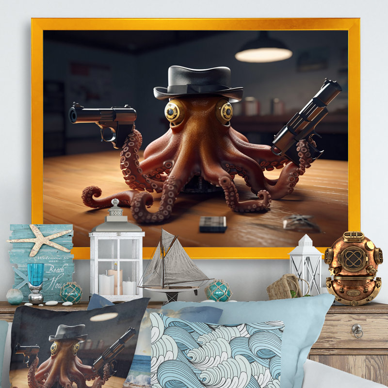 Mobster Octopus with Hat - Impression sans cadre sur métal, H 12 po x l 20 po x P 1 po, Métal métal