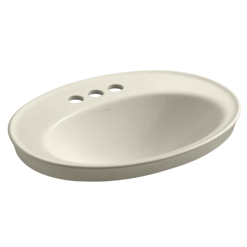 Serif Ceramic Oval Drop-In Bathroom Sink with Overflow, Almond, 4'' Centerset