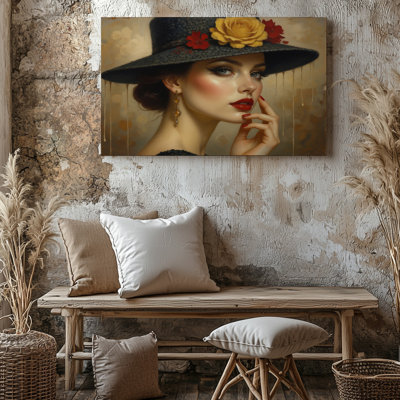 Elegant Woman Portrait With Floral Hat And Red Makeup Decor Canvas Wall Art Print For Living Room, Bedroom, Office, Hallway, Entryway, Gallery Wall And Modern Home Decor