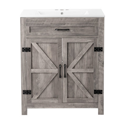 30'' Bathroom Vanity Barn Door U-Shelf With Ceramic Top Sink