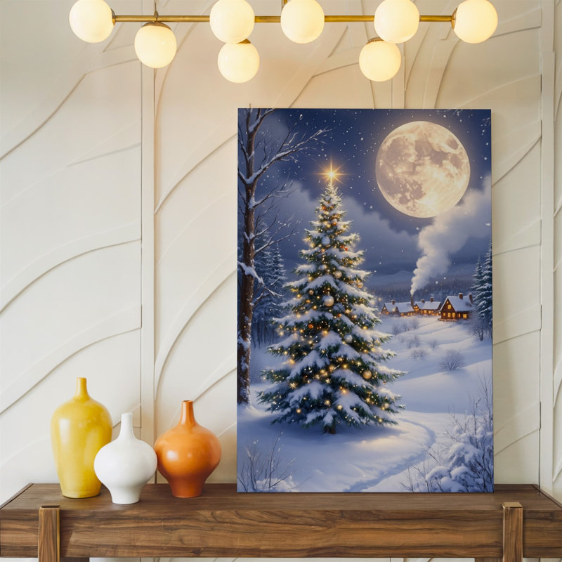Toile, art serein d'hiver avec un arbre majestueux à feuilles persistantes, art mural orné de lumières scintillantes et d'une étoile brillante sur toile
