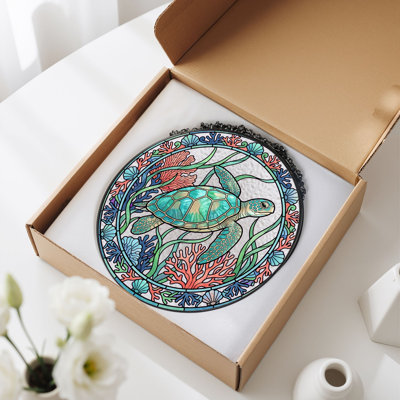 Sea Turtle Stained Glass Window Panel，12"H