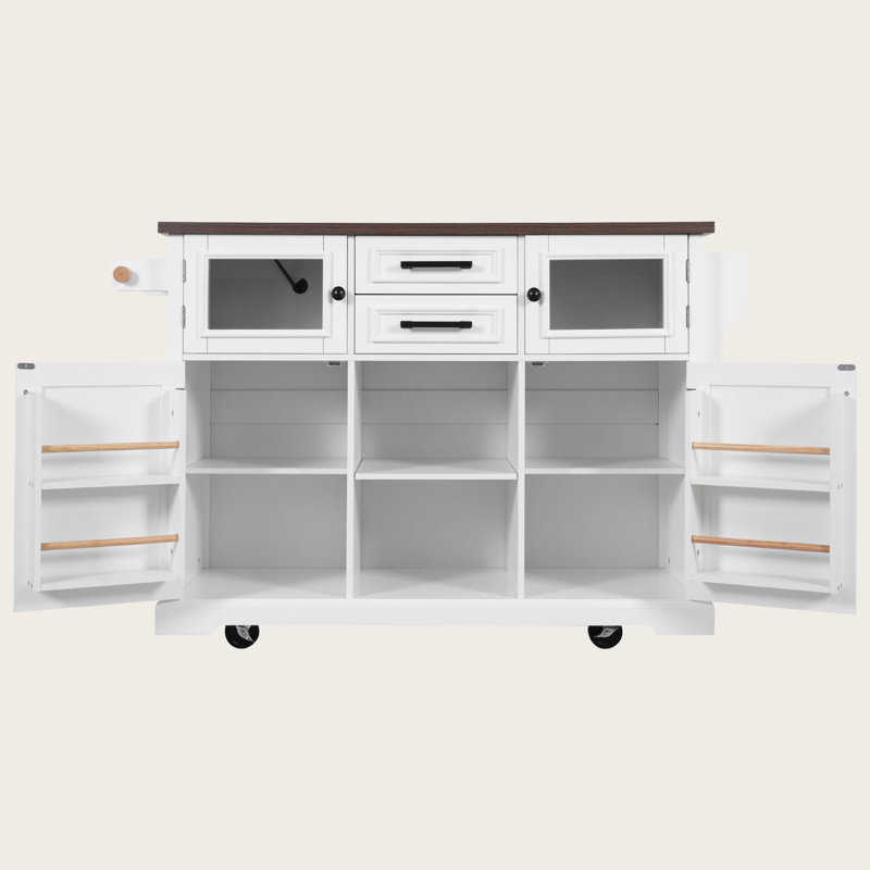 Timeless Kitchen Island With Drop Leaf & Power Outlet – Versatile Kitchen Storage Cart With 4 Door Shelves, Cross Barn Doors & Visual Glass Door On Rolling Wheels