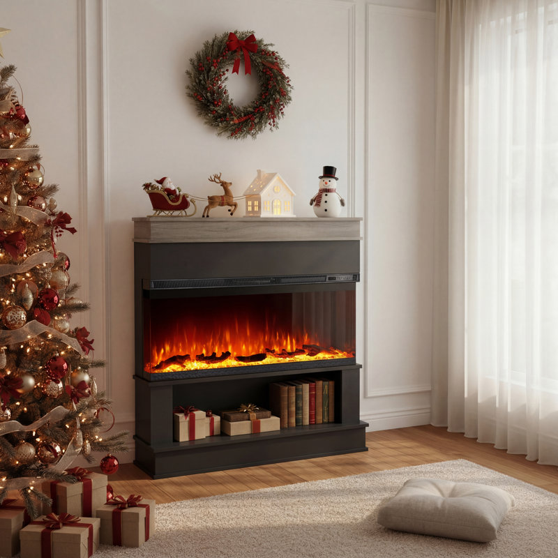 Foyer électrique autoportant noir de 107 cm (42 po) à 3 faces avec manteau et rangement, insert de foyer extra-large, flamme à 12 couleurs, mode flamme seule, chauffage de 1 500 W