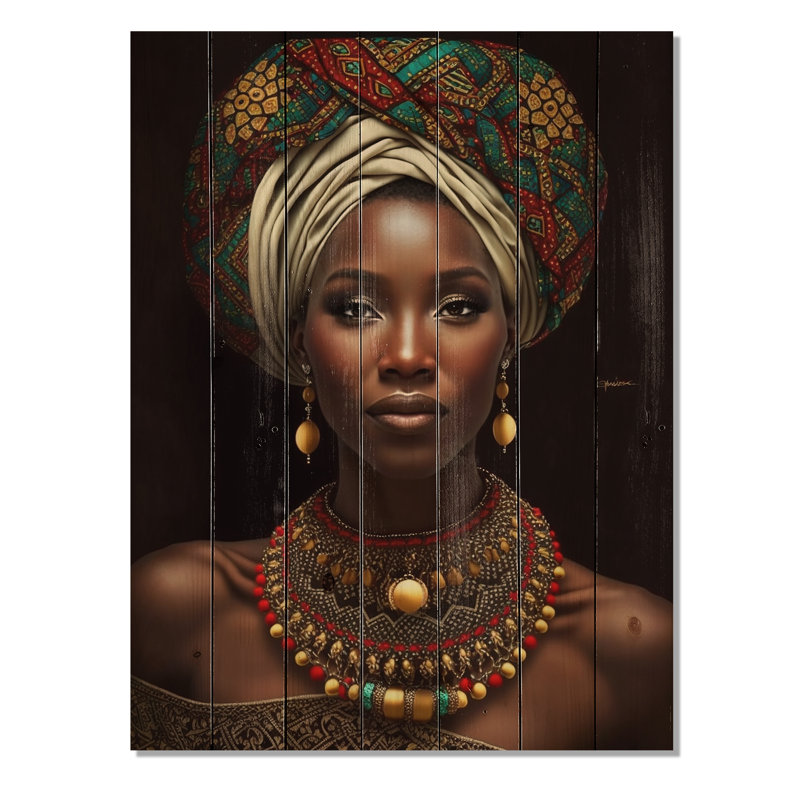 Reine africaine avec collier traditionnel sur bois, H 40 po x l 30 po x P 0,78 po