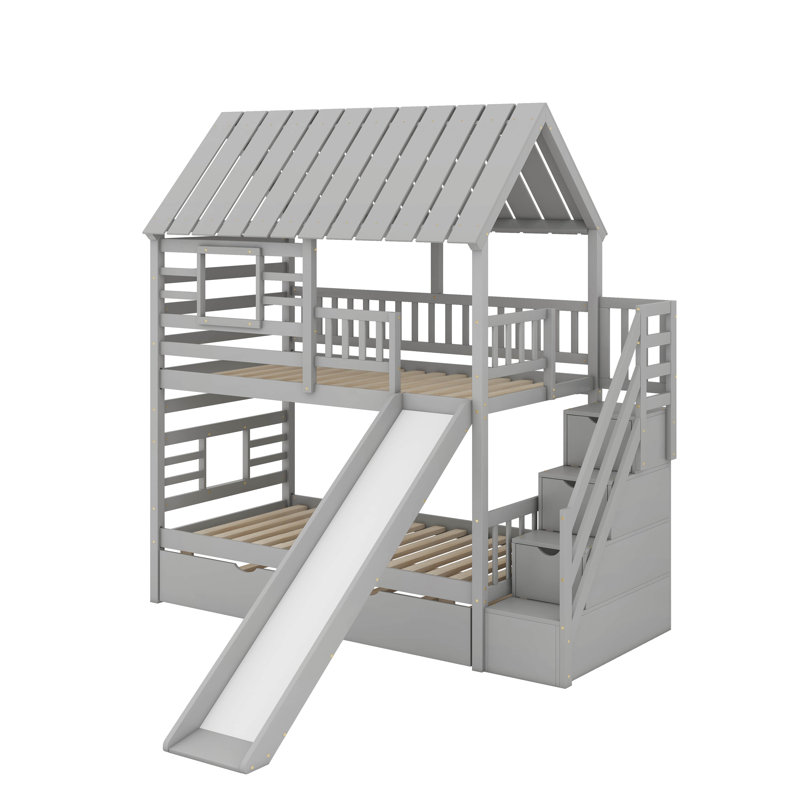 Twin Over Twin Bunk Bed With Trundle, Gray