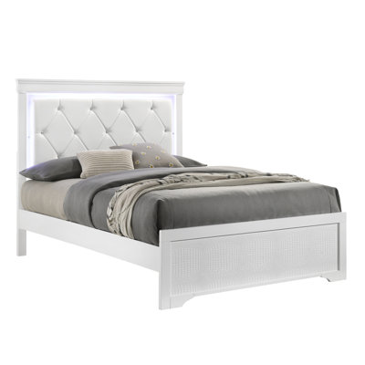 Lit simple Blaze, blanc, style moderne, tête de lit à DEL avec éclairage personnalisable, revêtu de gris industriel ou de bois pour une conception stable, tête de lit, cadre, revêtement blanc