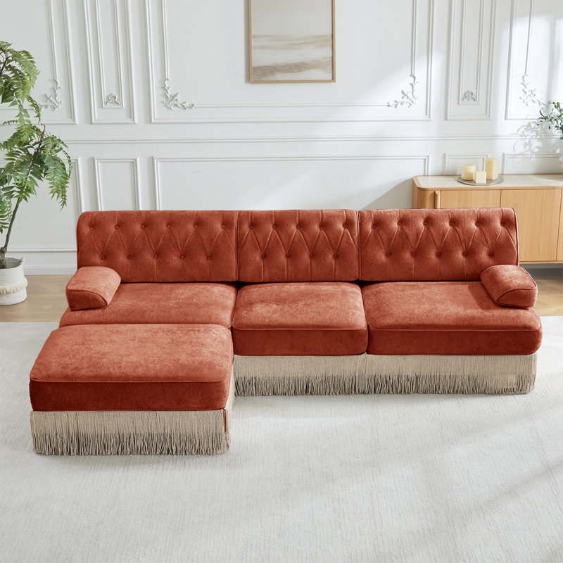 Canapé Chesterfield, H 34,2 po x l 106,1 po x P 60,3 po, 3, Rouge / Brun