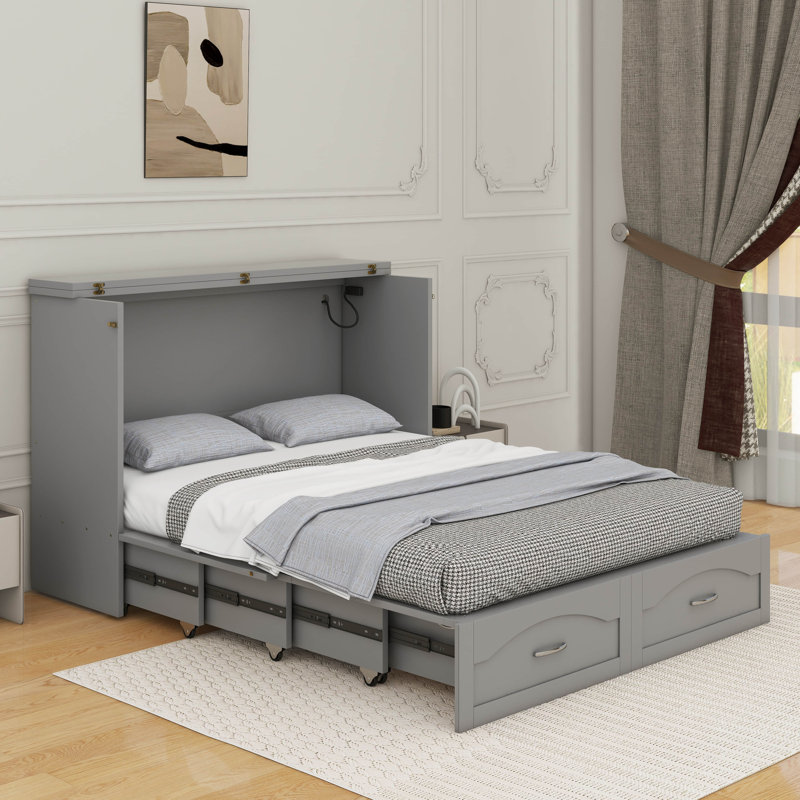 Lit escamotable double pleine grandeur avec tiroir et ports USB