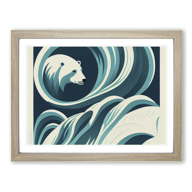 Polar Bear Deco - Framed Print, 25cm H x 34cm W x 2cm D, Oak