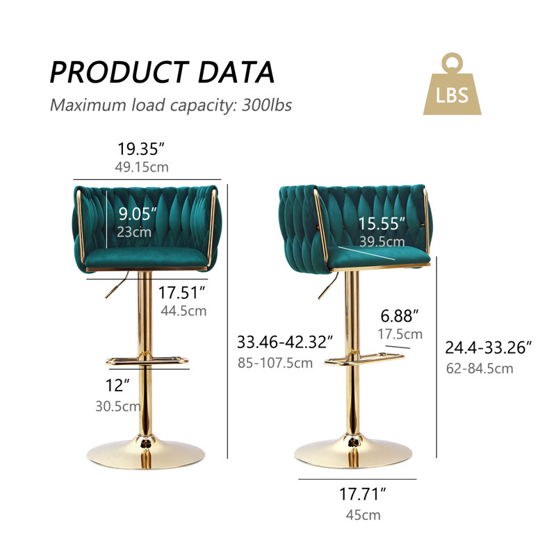 Tabourets de bar en velours de luxe avec base en métal doré, chaises de bar pivotantes à hauteur réglable avec accoudoirs pour îlot de cuisine, bar, décor de maison moderne (vert, ensemble de 2)