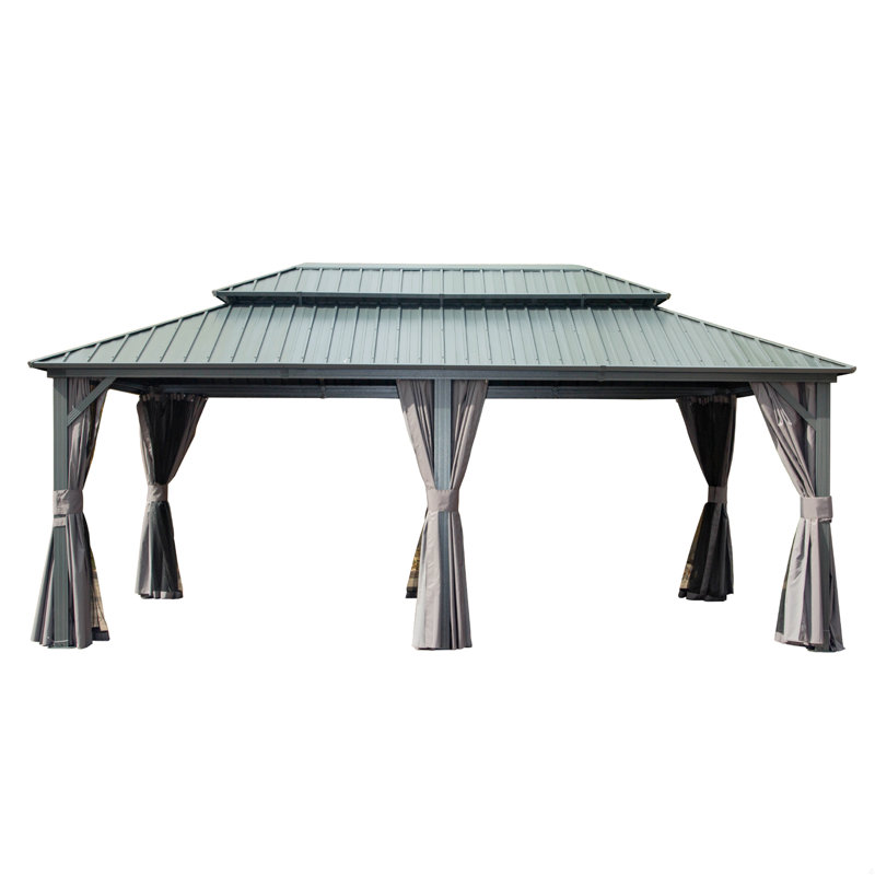 Hardtop Gazebo, Aluminum Metal Gazebo With Galvanized Steel Double Roof Canopy, Curtain And Netting, Permanent Gazebo Pavilion