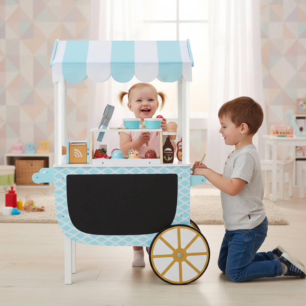 Teamson Kids My Little Helper Pretend Play Wooden Ice Cream Cart with 33-Pcs Accessories Set & Magnetic Scoops Teamson Kids
