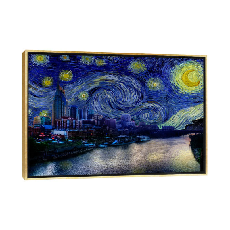 Nashville, Tennessee, nuit étoilée, impression d'art graphique, H 40 po x l 60 po x 1,5 po, Toile encadrée d'or