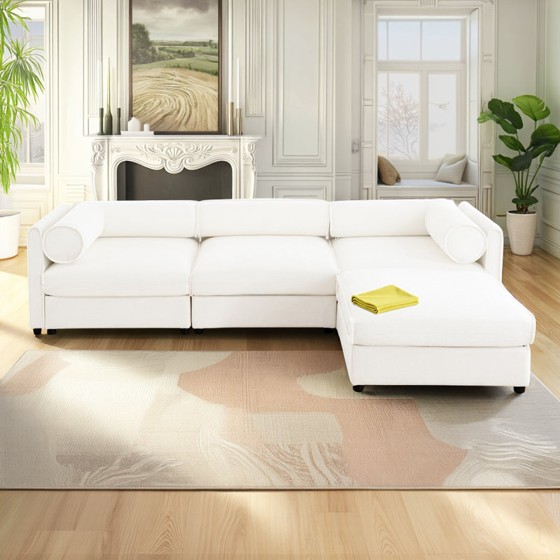 Élégant canapé en chenille de L 109 po avec siège de rangement et repose-pieds (3 places), Blanc