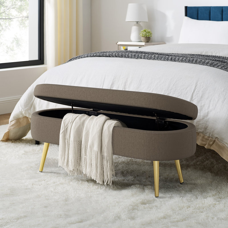 Banc-pouf ovale de rangement de 110,5 cm (43,5 po), siège rembourré en flanelle et pieds en métal, brun, Brun