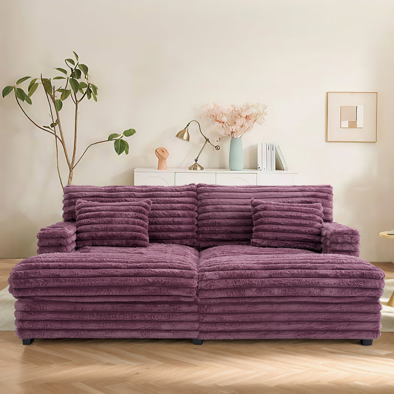 83.5" Plush Sofa Bed Chaise Lounge With Faux Rabbit Fur, USB Charging Ports, Cup Holders & Lumbar Pillows - Cozy Sleeper Couch
