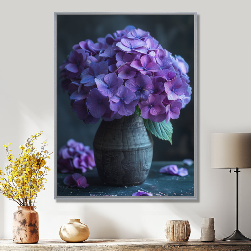 Mauve hortensia ferme charme II - impression d'art mural hortensia, H 24 po x l 32 po, Encadrement argenté