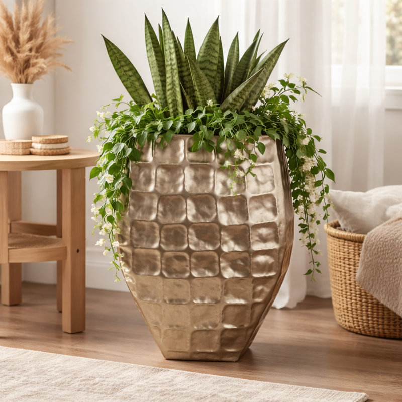 Jardinière moderne en aluminium avec motif géométrique texturé et forme carrée effilée pour un décor de style contemporain - 25 po