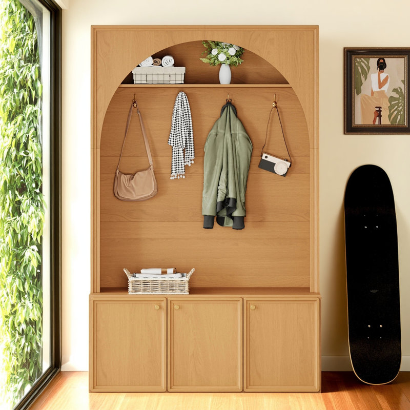Farmhouse Hall Tree with Bench & Adjustable Shelves — Arched Entryway Organizer with 3 Cabinets, 4 Gold Hooks, Shoe Storage & Anti-Tip Hardware for Mudroom, Hallway, Entry
